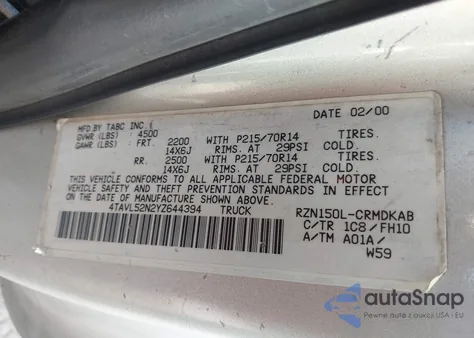 2000 Toyota Tacoma из США, поврежденный, VIN 4TAVL52N2YZ644394